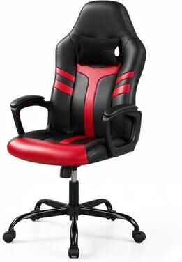 Costway Faux Leather Upholstered Office Chair with Removable Head Pillow and Rocking Function-Red