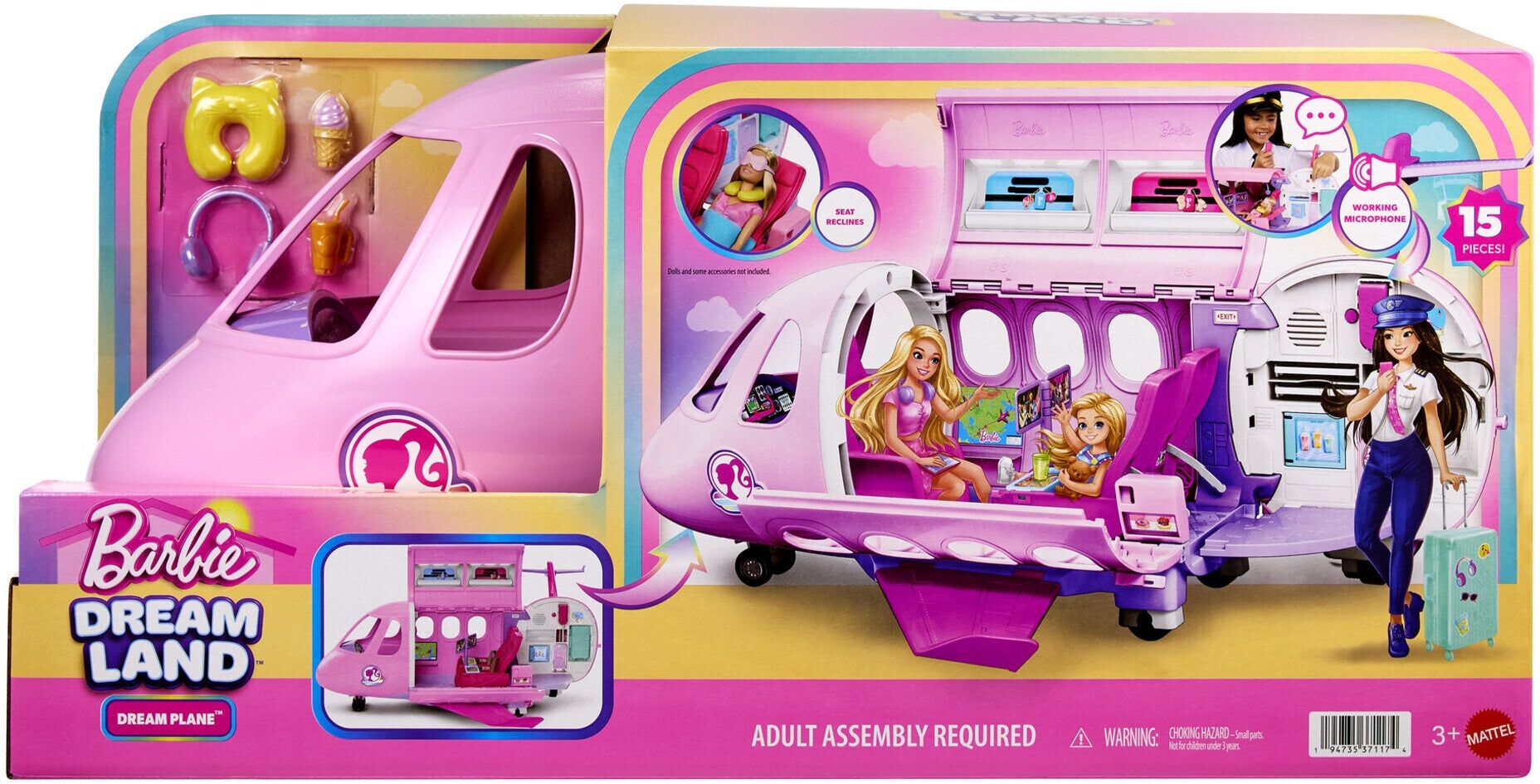 Mattel Barbie Dream Plane Playset with Sounds, Microphone ; 14 Accessories for Kids
