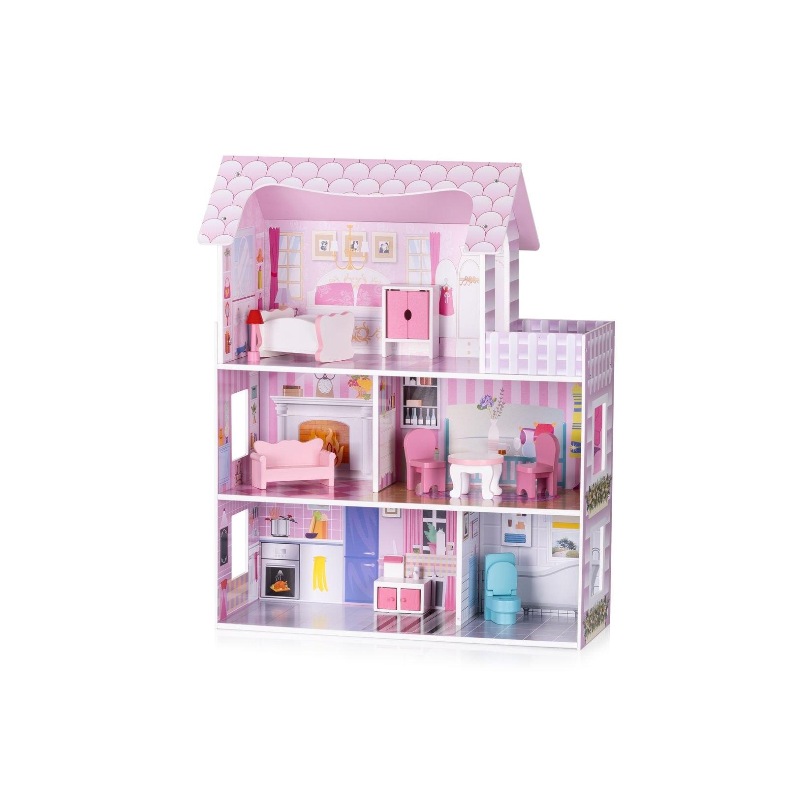 Chipolino Holz-Puppenhaus 9-teilig Badezimmer, 5 Räume, Balkon, Schlafzimmer rosa