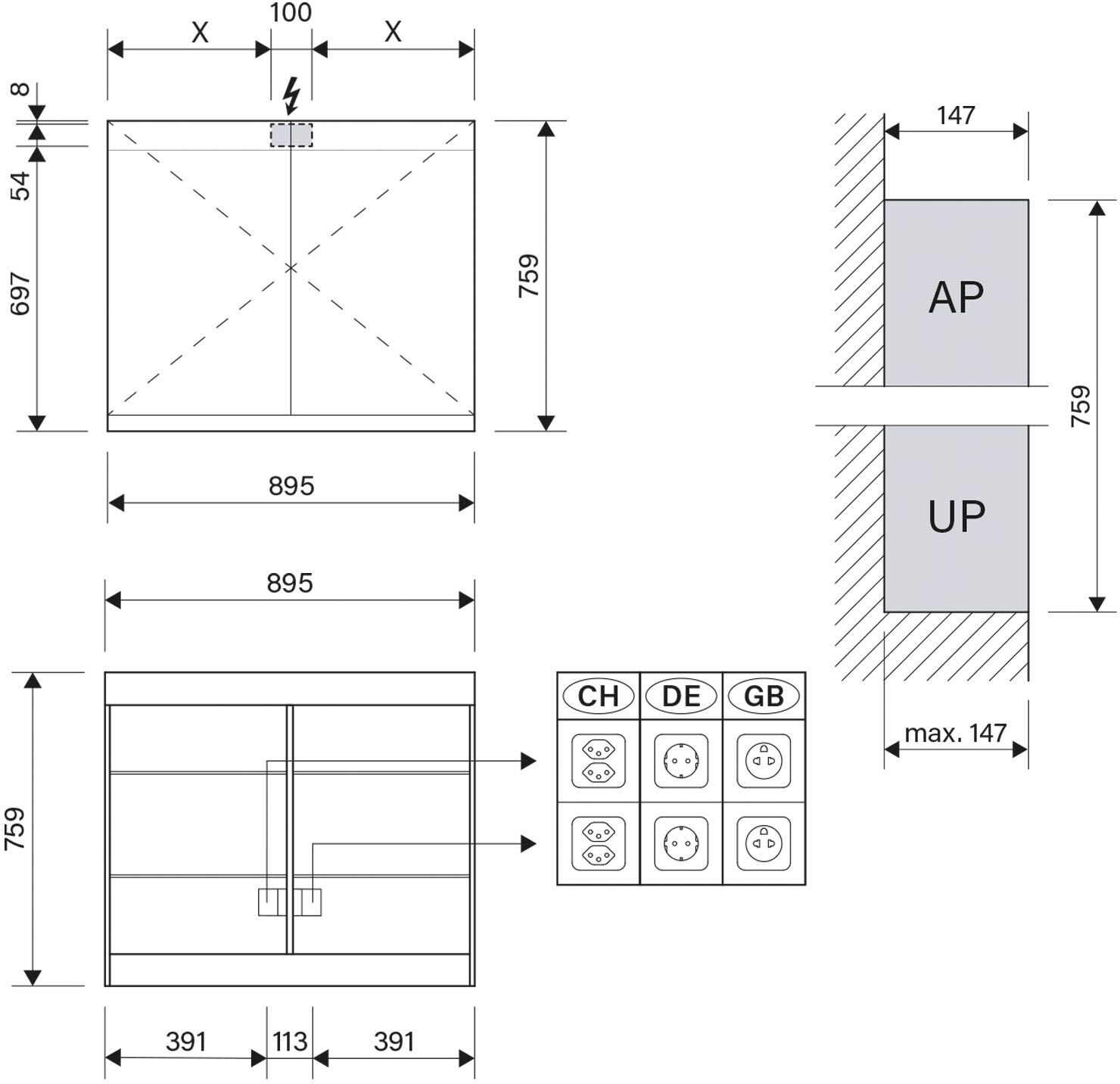Schneider FILO HCL Spiegelschrank ALS1 90/2/HCL 89,5 x 75,9 cm, CH, Badmöbel, 180.090.01.04, grau