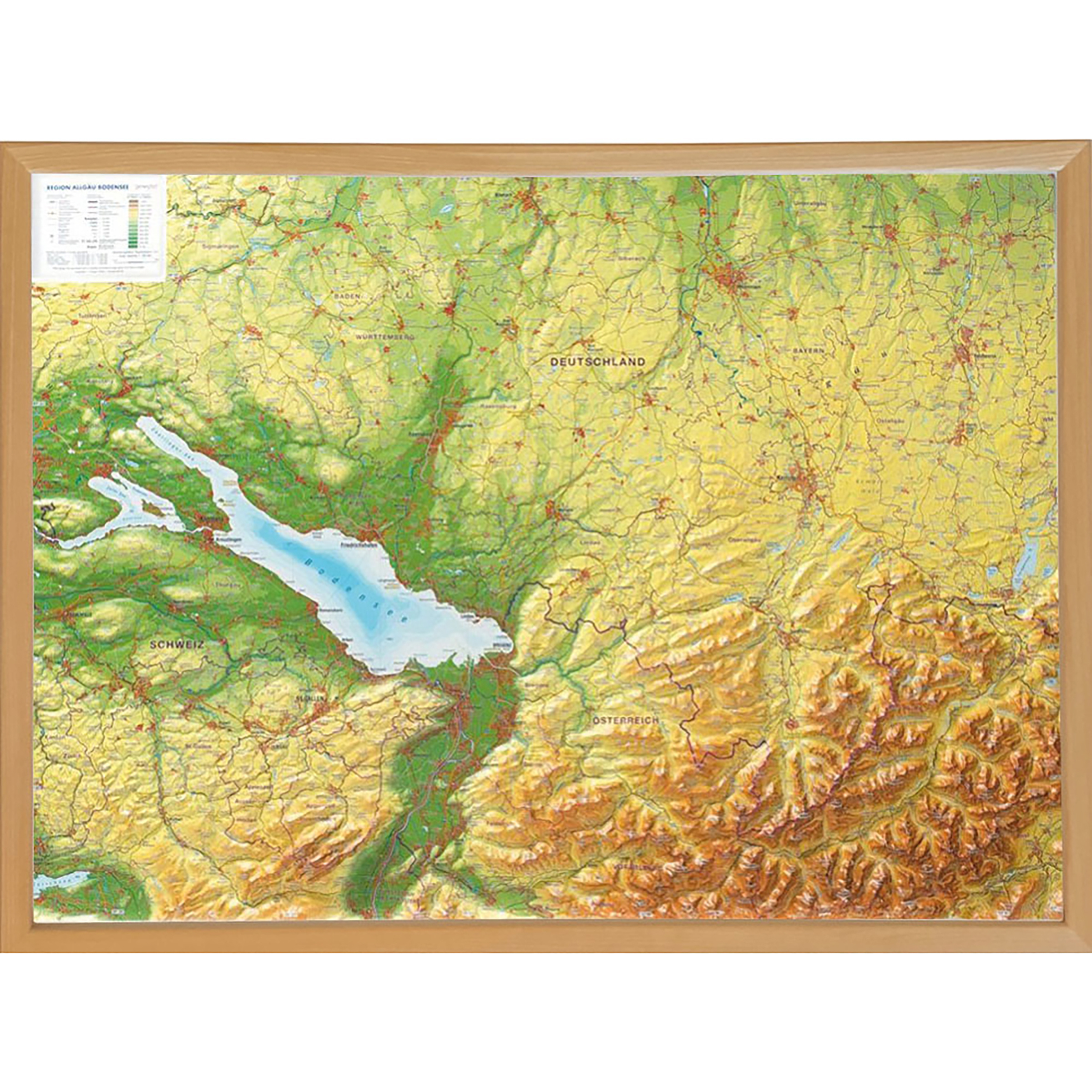 Georelief 3D Reliefkarte Allgäu Bodensee mit Holzrahmen Topografische Karten Gr. groß