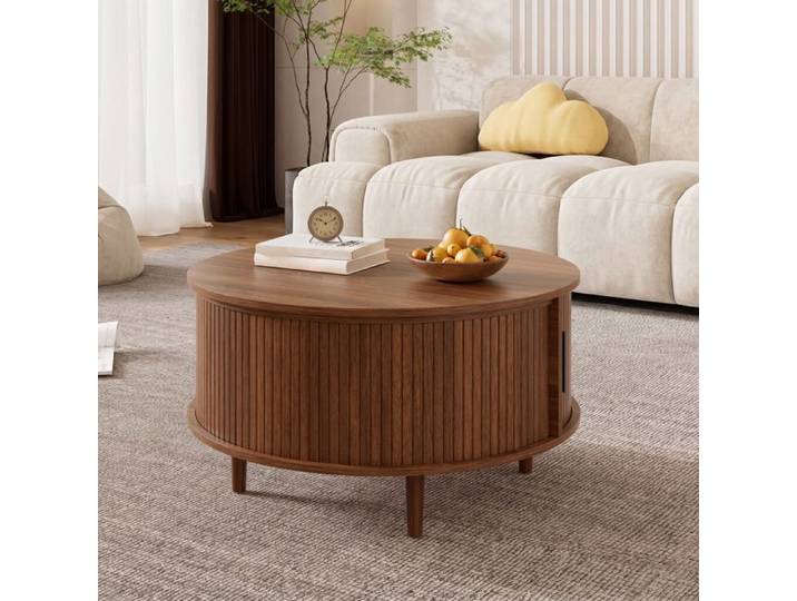 Table Basse Ulsam Ronde Relevable 80x80x44 cm pour Salon avec Coffre Compartimenté Porte Coulissante et Pieds en Pin - Noyer