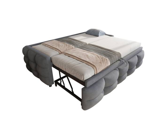 Modfu Polsterbett aus Lammfell-Optikstoff 90/180x190 cm Grau mit Ausziehfunktion, Lattenrost und platzsparendem Design, 90x190 cm, Schlafzimmer, Betten, Polsterbetten