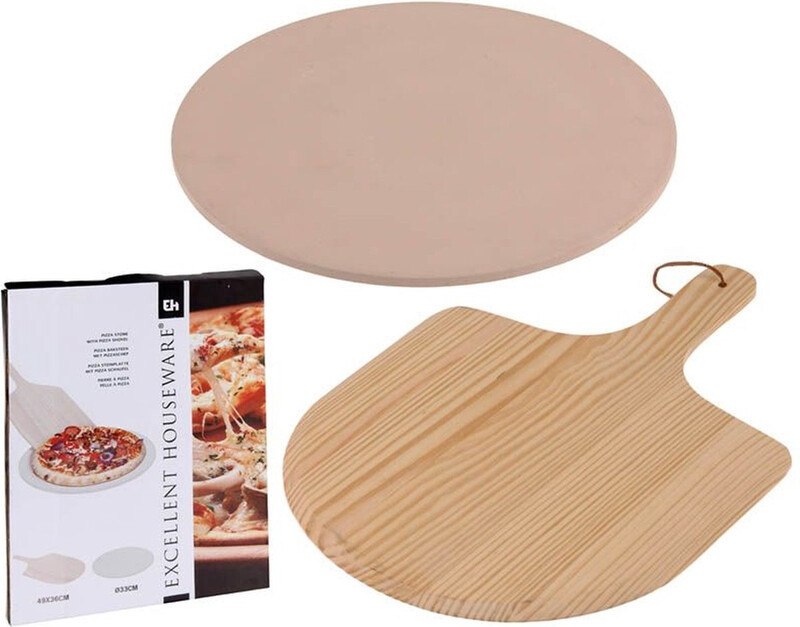 Excellent Houseware Pizza Steen Set met Houten Schep - 33 cm, Bruin