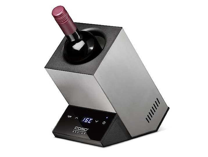 CASO WineCase One Inox - Design Weinkühler für eine Flasche, Temperaturbereich von 5-18°C, für Flaschen bis 9 cm Ø, Sensor-Touch Bedienung, Edelstahlgehäuse, Klein