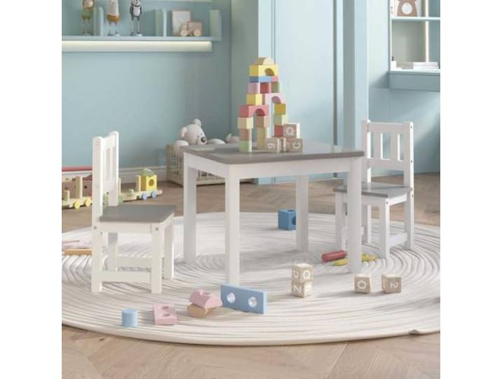 GBCDSWBR 3-TLG. Kindersitzgruppe - Tisch & 2 Stühle aus MDF in Weiß Grau Robustes Holzmaterial, Abgerundete Ecken, Vielseitig einsetzbar