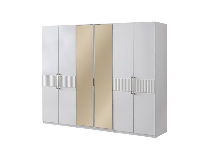 Villa Möbel Kleiderschrank (Kleiderschrank, 1-St., 6 trg. Kleiderschrank) Spiegelbereiche viel Stauraum sechs Türen pflegeleicht klare Linien