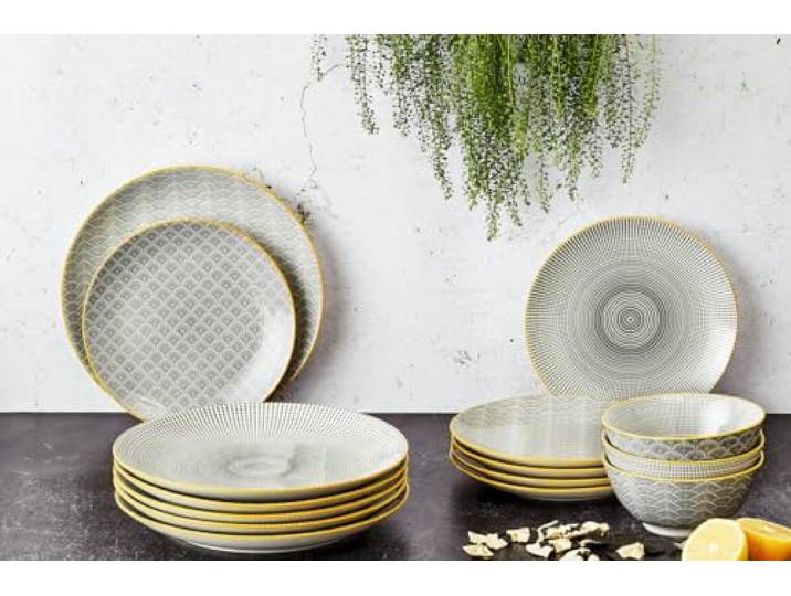 BJORN Geschirrset Les Essentiels – Geschirrset 6 Personen aus emailliertem Porzellan – Teller & Schalen im Mix-and-Match Design, Pattern Eclipse