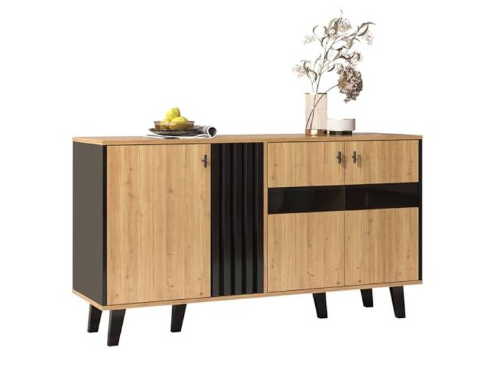 BTM 140 x 80 x 41 cm großes Sideboard, farblich abgestimmtes Design-Sideboard aus Holz und Schwarz mit Stauraum, mit LED-Licht und Glas, vielseitig einsetzbar