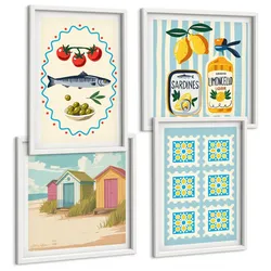BILDER SET 4er Set - 50x50 cm & 40x60 cm Weißer Rahmen - Illustrationen der mediterranen Küche