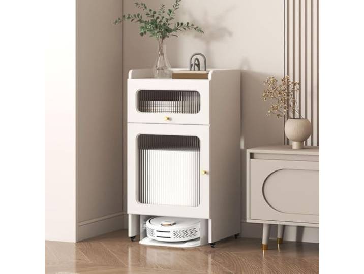 Dexinhdh Aufbewahrungsschrank für Saugroboter/Regal für Saugroboter Passend für die meisten Saugroboter-Stationen; mit Rollen, geeignet für Wohn- oder Schlafzimmer(White,50 x 40 x 92 cm)