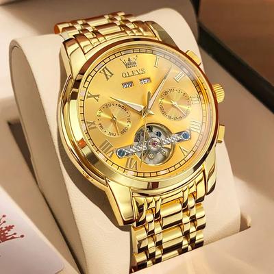 Uplifted Finds OLEVS Mens Automatic Mechanical Skeleton Business Watch Waterproof Stainless Steel Strap all Gold