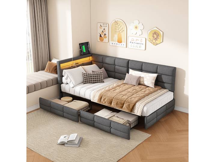Canapé-lit en forme de L Rosahqnda 140x200cm avec 2 tiroirs de rangement, lit de jour, lit simple, lit enfant, cadre de lit pour jeunes, lin gris