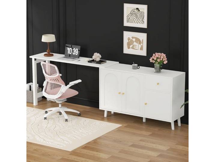 Table de bar extensible avec 1 tiroir 3 portes buffet pivotant 2 en 1 table à manger plateau pivotant à 360° 120x40x74.5cm blanc