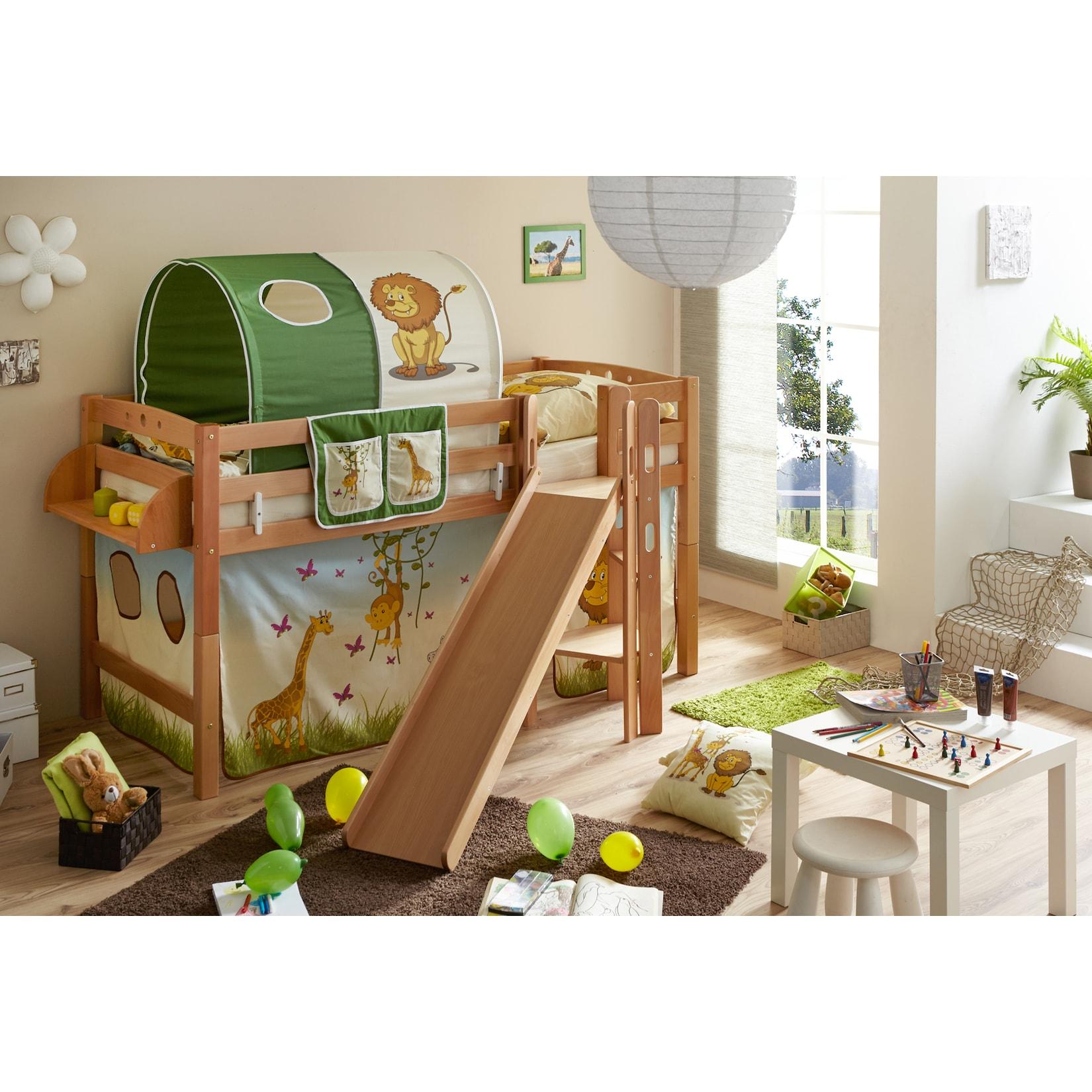 TiCAA Hochbett mit Rutsche Podestbett "Tino" Buche Natur Motiv, teilbar mit Farbauswahl