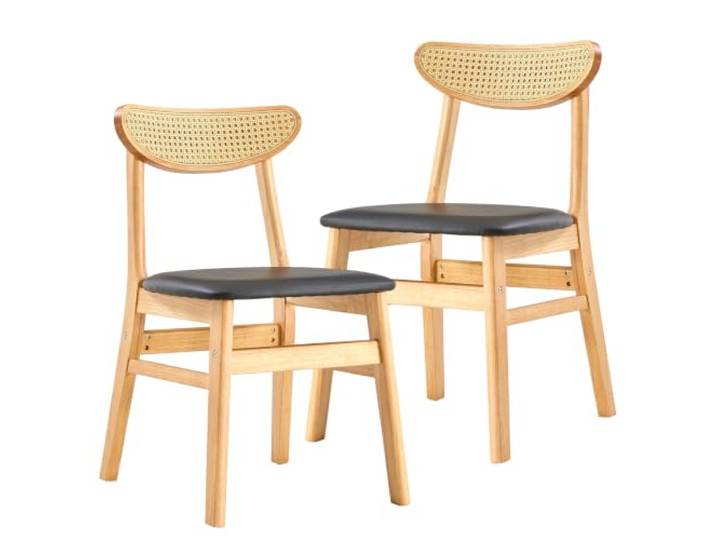 Vexelus 2er Set Esszimmerstühle mit Rattan-Rückenlehne aus Gummiholz, skandinavischer Stil, ergonomischer Küchenstuhl mit gepolstertem Sitz