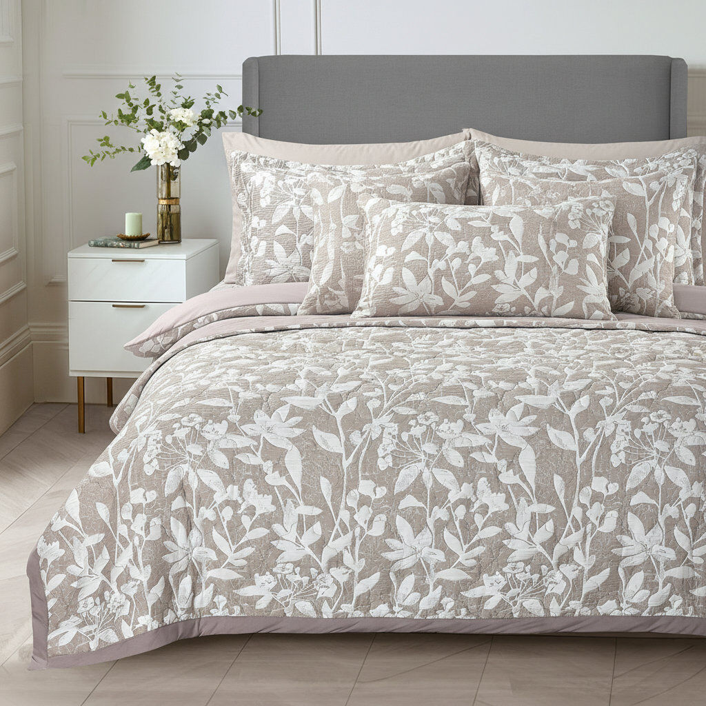 Sweet Dreams Luxury 3D Jacquard Stunning leaf pattern Throw Set Beige Floral 235cm W X 235cm L