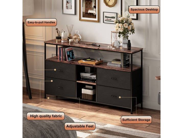 Meuble TV Bois - COMANLAI - 4 étagères et 4 tiroirs - 108×30×77cm - Style vintage - Noir