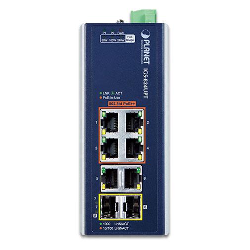 Planet Industrial 4-Port GE 802.3at + 2 GE + 2 100/1000X SFP (6 Ports) (IGS-824UPT)