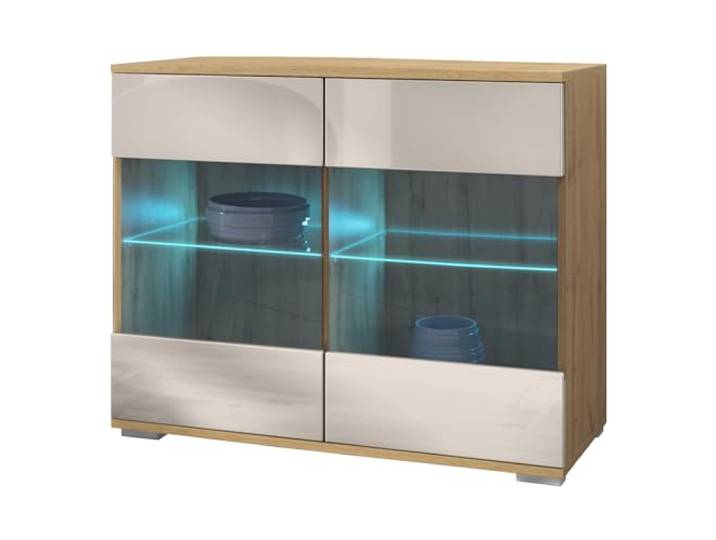 Vladon Kommode Bari V3, Moderner Küchenschrank mit 2 großen Glastüren inkl. RGB Beleuchtung Eiche Evoke/Sandgrau Hochglanz (92,5 x 75.5 x 35)