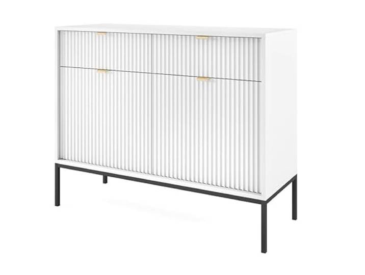 Emporius Zweitürige Sideboard 100 cm Galla - Sideboard mit Schubladen - Gold Griffen, geriffelten Fronten - Weiß