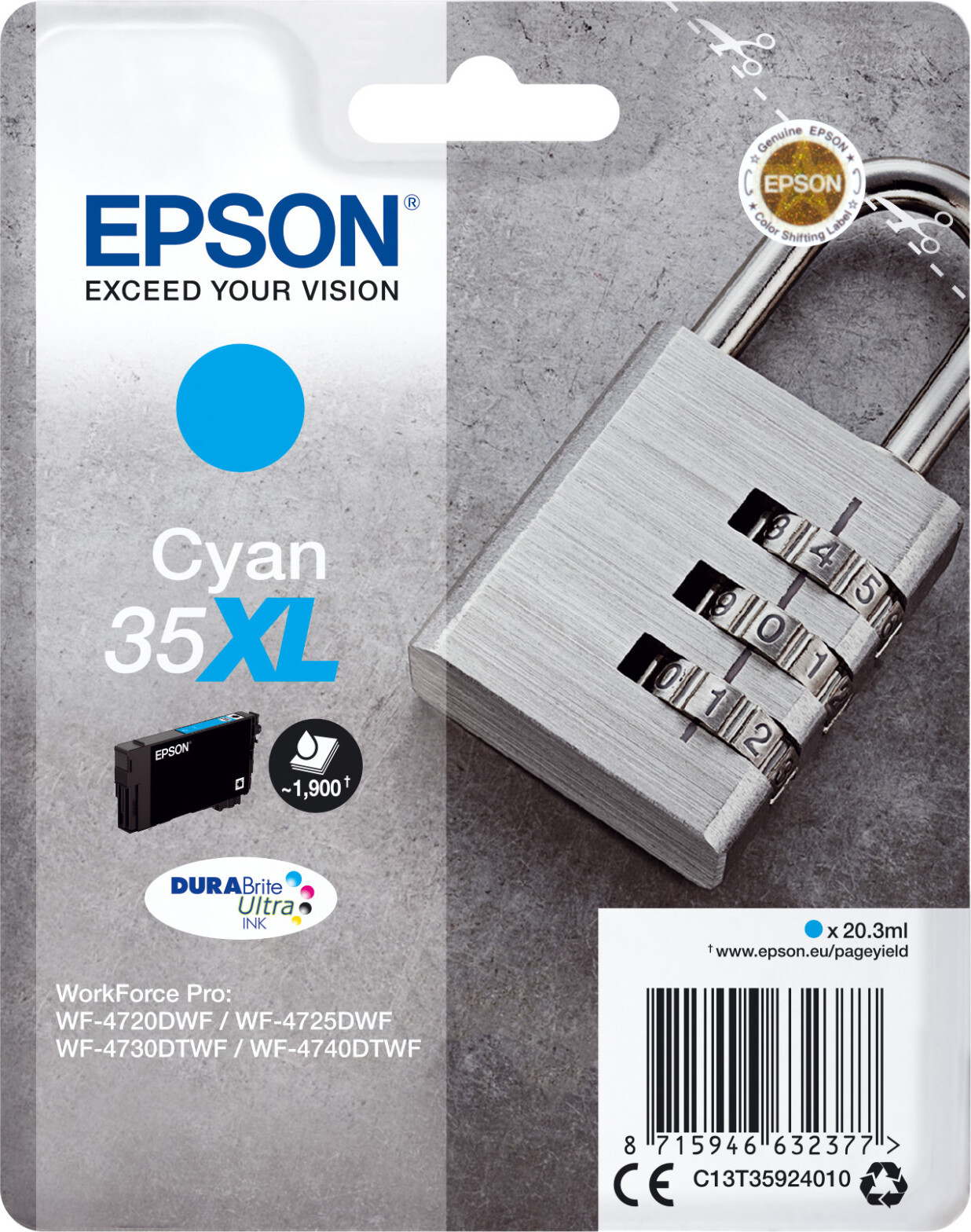Epson Padlock C13T35924020 Inktcartridge Hoge opbrengst Azuurblauw 20,3 ml