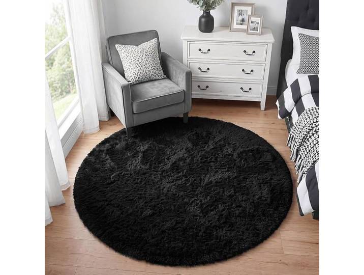 Tapis Shaggy Tapis Salon Chambre Moelleux Antidérapant rond 120 cm Noir Tapis poil long moelleux vable en 120 cm (Rond) Noir