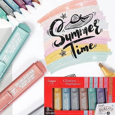 8-Farben-Metallic-Textmarker-Set mit schräger Spitze, glänzender Glitzer-Farbmarker auf Wasserbasis, Highlight-Stift, Schulbürobedarf