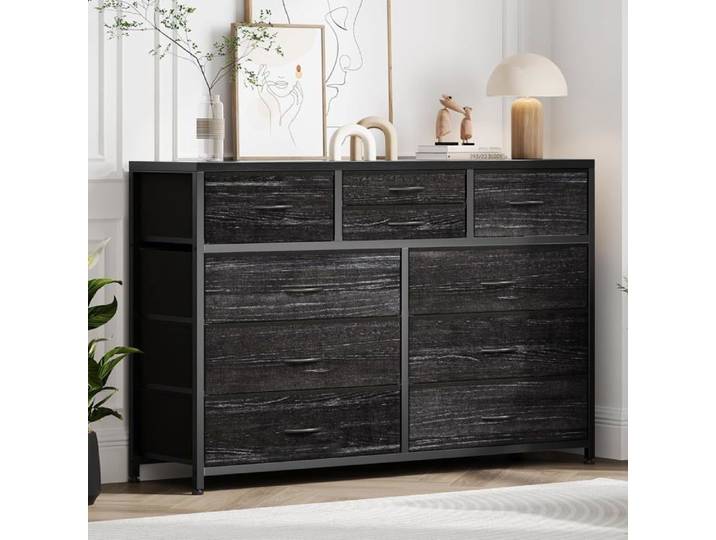 Commode 10 tiroirs tissu noir cadre acier/bois chambre/couloir