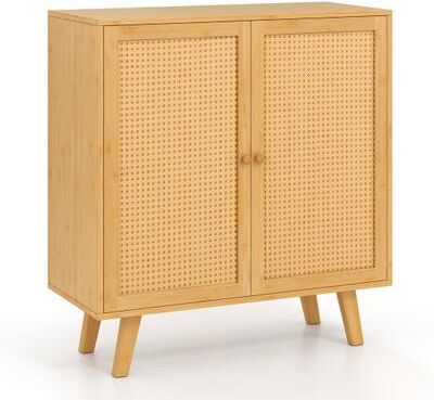 Costway Bamboo Buffet Storage Cabinet with PE Rattan Doors and Freestanding Kitchen Cupboard-Natural