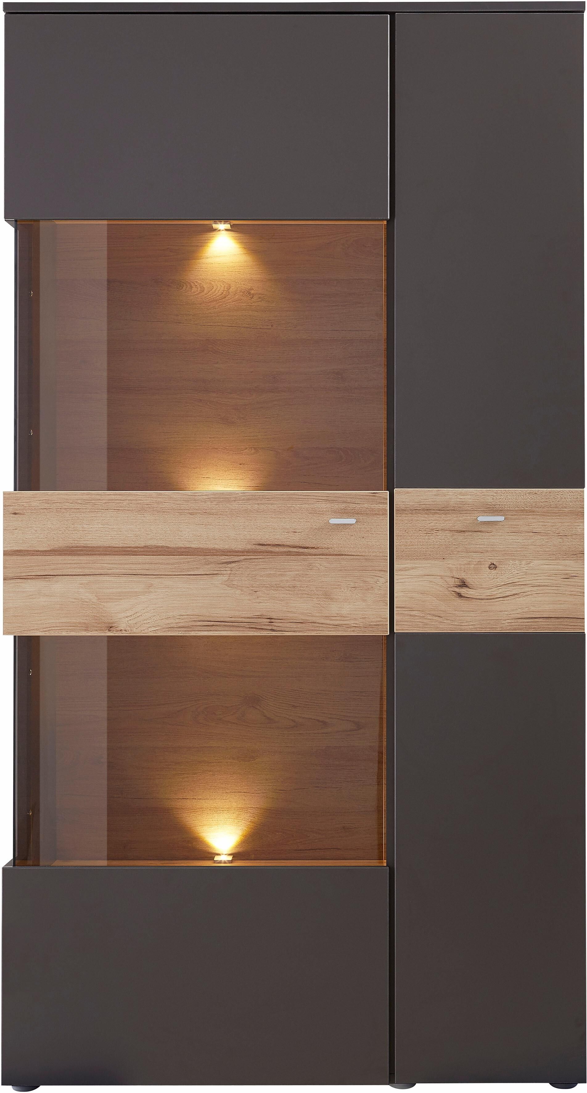 Vitrine FORTE "Como", grau (grau, eichefarben), B:90cm H:168cm T:41cm, FSC-zertifizierter Holzwerkstoff, Schränke, Vitrine, Highboard, LED Beleuchtung Einlegeböden, Glastüre, Soft Close