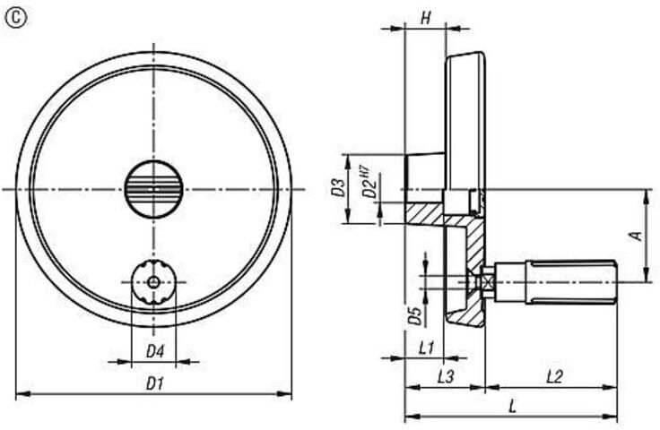 KIPP Handrad D1=100 Form C Passbohrung mit Nut Aluminium Silber komp. Thermoplast (K1521.10010203)