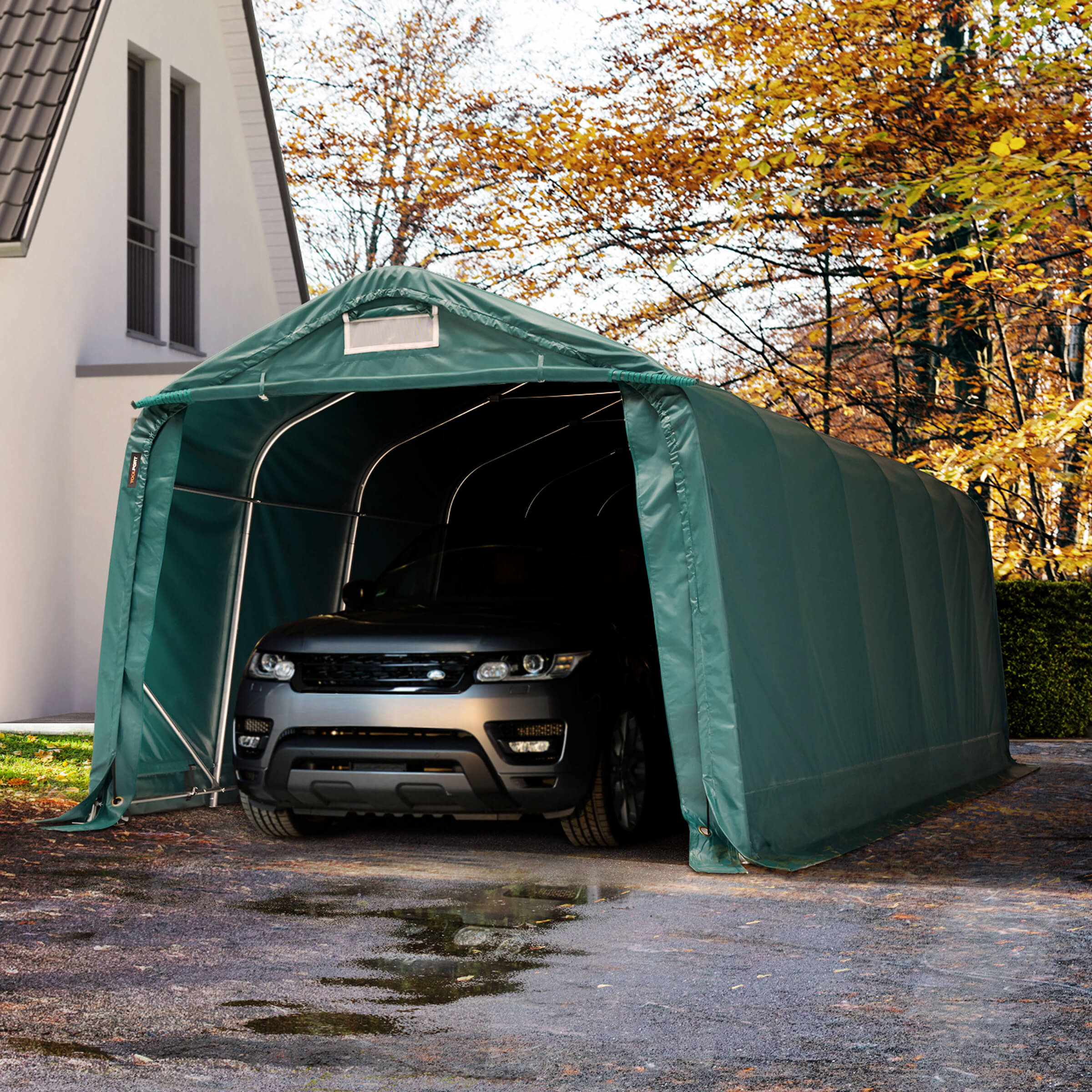 TOOLPORT 3.3x7.2m Carport Tent / Portable Garage, PVC 800, dark green with statics (ground: soil) - (58537)