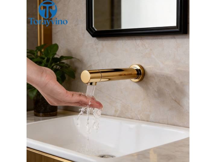 Robinet de salle de bain Torayvino en nickel à montage mural, mitigeur de lavabo automatique à capteur tactile mains libres