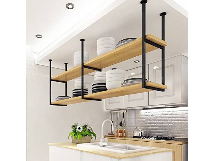 Industrie Deckenregal Hängeregal, 2 lagiges Deckenregal Weinregal 80cm Hängend Wein Flaschenregal Metall, Deckenmontage Lagerregal Schwebendes, platzsparend für Küche, Bar und Essbereich