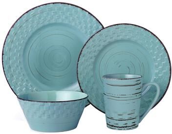 Lorren Home Trends 16 Piece Distressed Weave Dinnerware Set-Blue