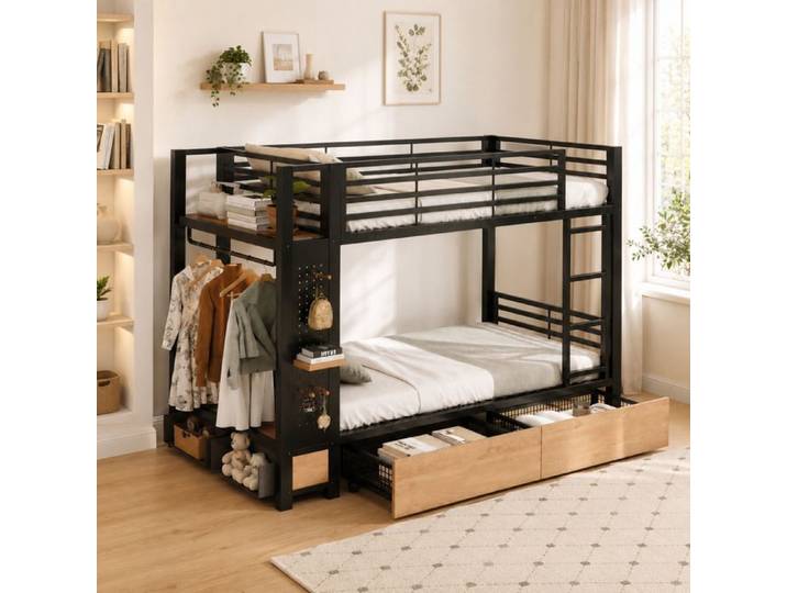 Ulsam Lit Superposé Métal 90x200 cm avec éclairage LED 4 Tiroirs de Rangement étagères Panneau Perforé et Penderie Noir