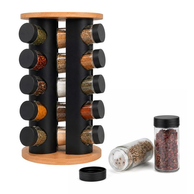 Relaxdays Draaibaar kruidenrek met 20 glazen potjes, bamboe en zwart