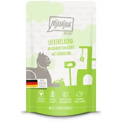 MJAMJAM Quetschies 125g Beutel Katzennassfutter Sparpaket 24 x 125 Gramm leckeres Rind an gedämpftem Kürbis
