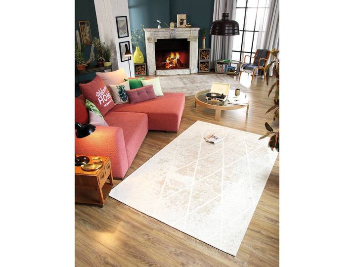 Kurzflorteppich Fine Lines Beige/Beige 68 x 130cm Mischgewebe