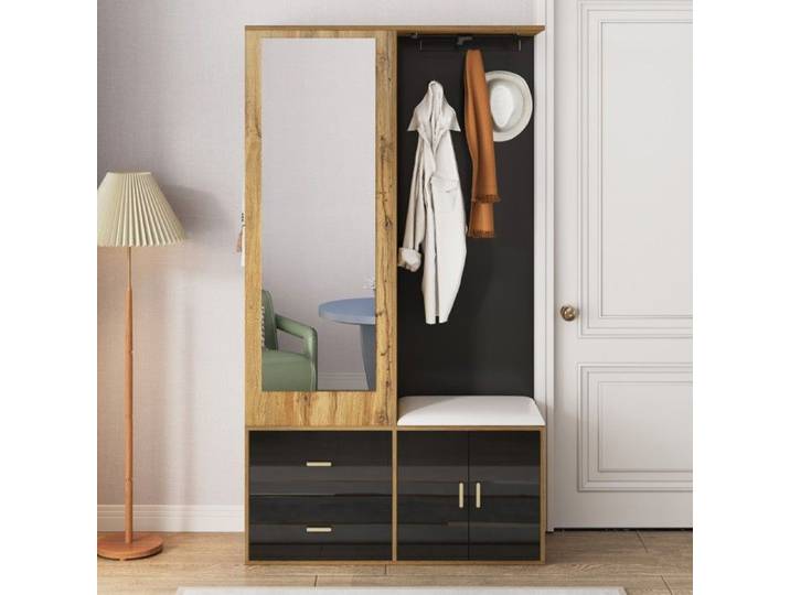 Armoire Entrée Moderne Noir - Meuble Bois Avec Miroir Rangement Chaussures Tabouret Pratique Crochets Et Porte-Cintres