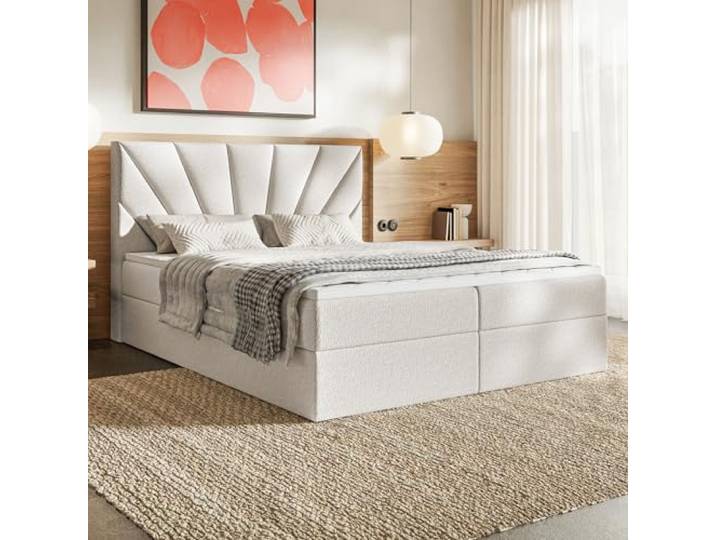 MOTIVENA Aspen Boxspringbett 180x200 mit Bettkasten und Topper, Polsterbett 180x200 mit Bettkasten, Bonellfederkern-Matratze (H4), Visco Memory-Foam Topper (H2), Boucle, Milch (Weiß)