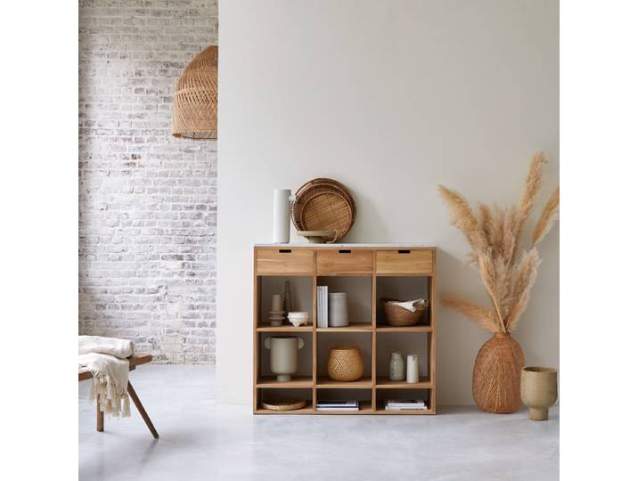 Niedriges Bücherregal aus massivem Teak mit Premium-Terrazzo White - Weiß - Teak
