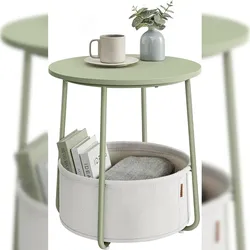 Beistelltisch rund aus Metall, Kleiner Tisch, Couchtisch mit Korb, Wohnzimmertisch, Korb aus Stoff, Nachttisch modern,lorbeergrün-cremeweiß