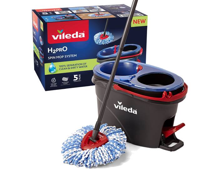 Bodenwischer-Set VILEDA Vileda H2PrO Spin Mop System , blau (schwarz), B:49,5cm H:32cm L:30cm, Kunststoff, Reinigungs-Sets, Bodenwischer-Set, Sauberes Wasser bei jedem Ausspülen