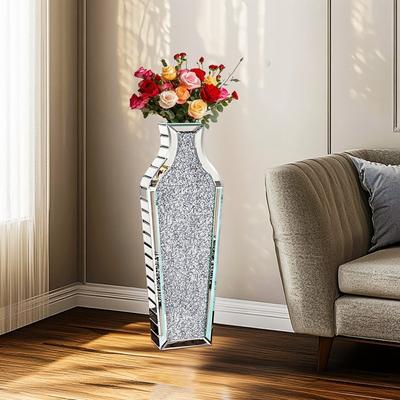 UNHO Glam Tall Crushed Diamond Floor Vase Crystal Silver for Home Decor