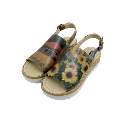 Sandalette DOGO "Gigi Sandale Sunflowers Damen Sandalen", Damen, Gr. 38, Normalschaft, bunt (natur), Lederimitat, Schuhe Sandalette, Handgefertigt