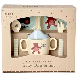 Rice, Kindergeschirr + Kinderbesteck, - Melamine Baby Dinner Set - Blue ABC Print - 4 pcs