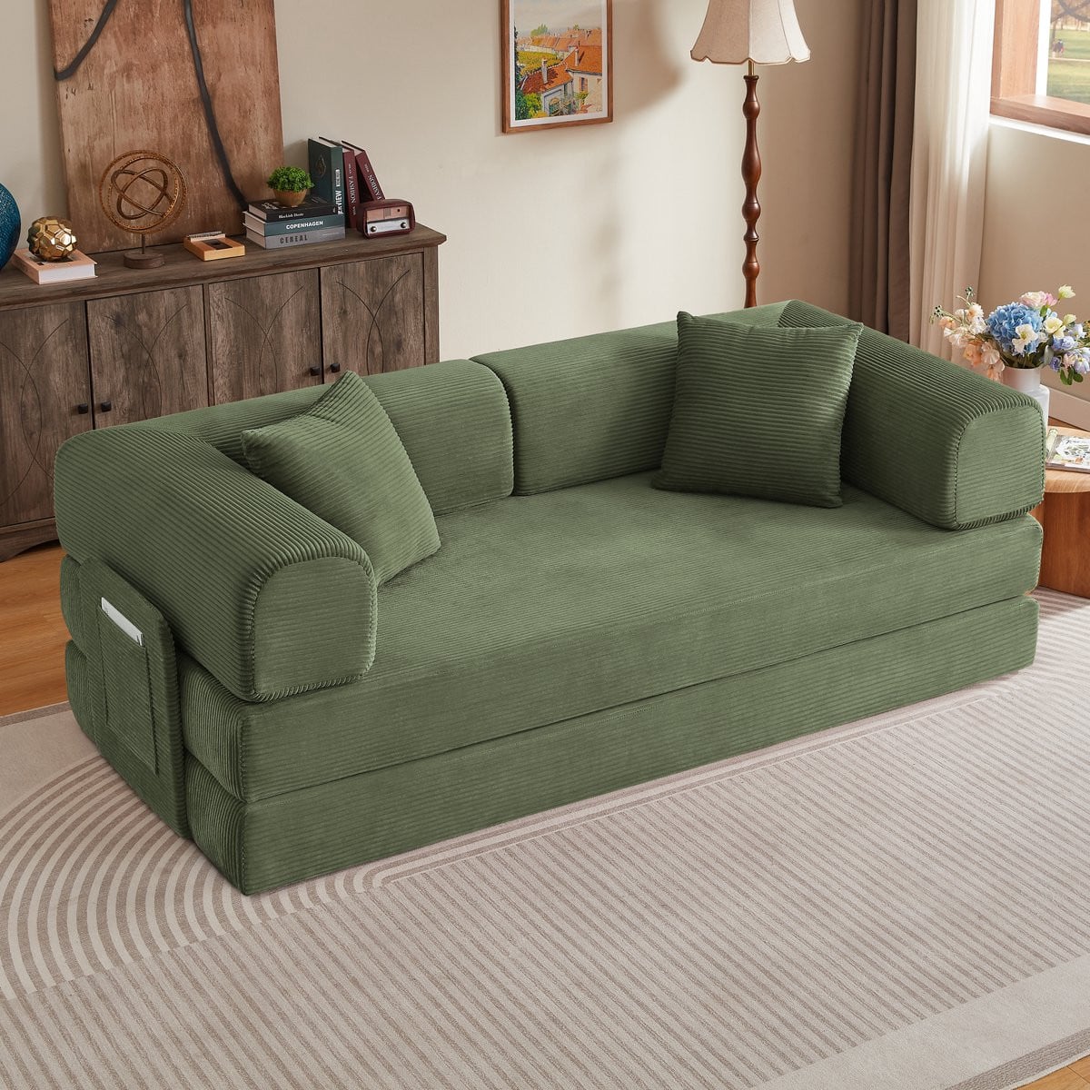 MODFU Slaapbank - 3-Zits - Groen - Corduroy - Opklapbaar