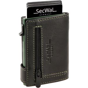 SecWal Kreditkartenetui Echt Leder grün/schwarz, für 10 Karten, Münzfach mit Reißverschluss & Geldscheinfach, RFID Schutz
